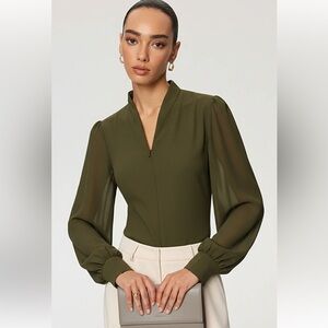 Commense Olive V-Neck Long Sleeve Blouse